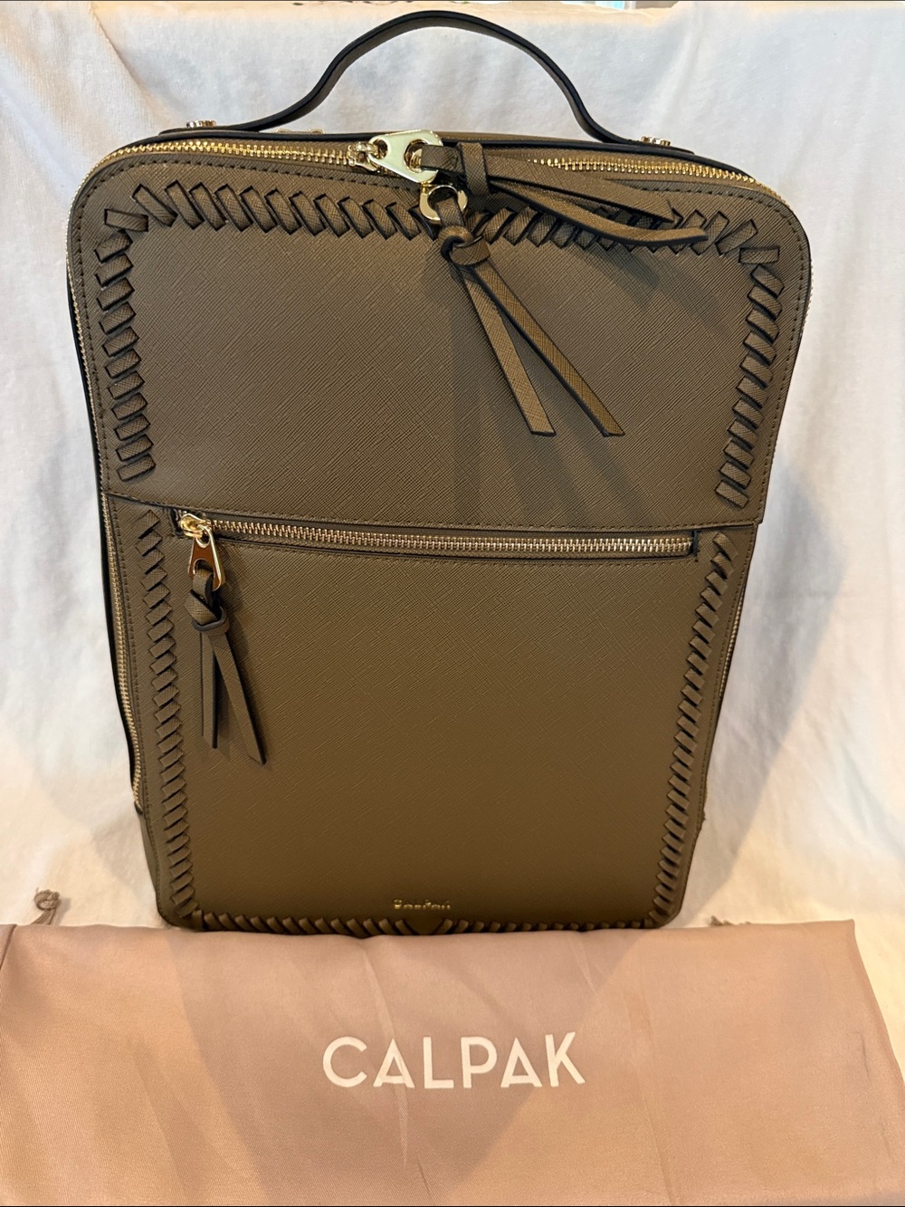 Calpak Olive Green TravelBackpack with Whipstitch Trim